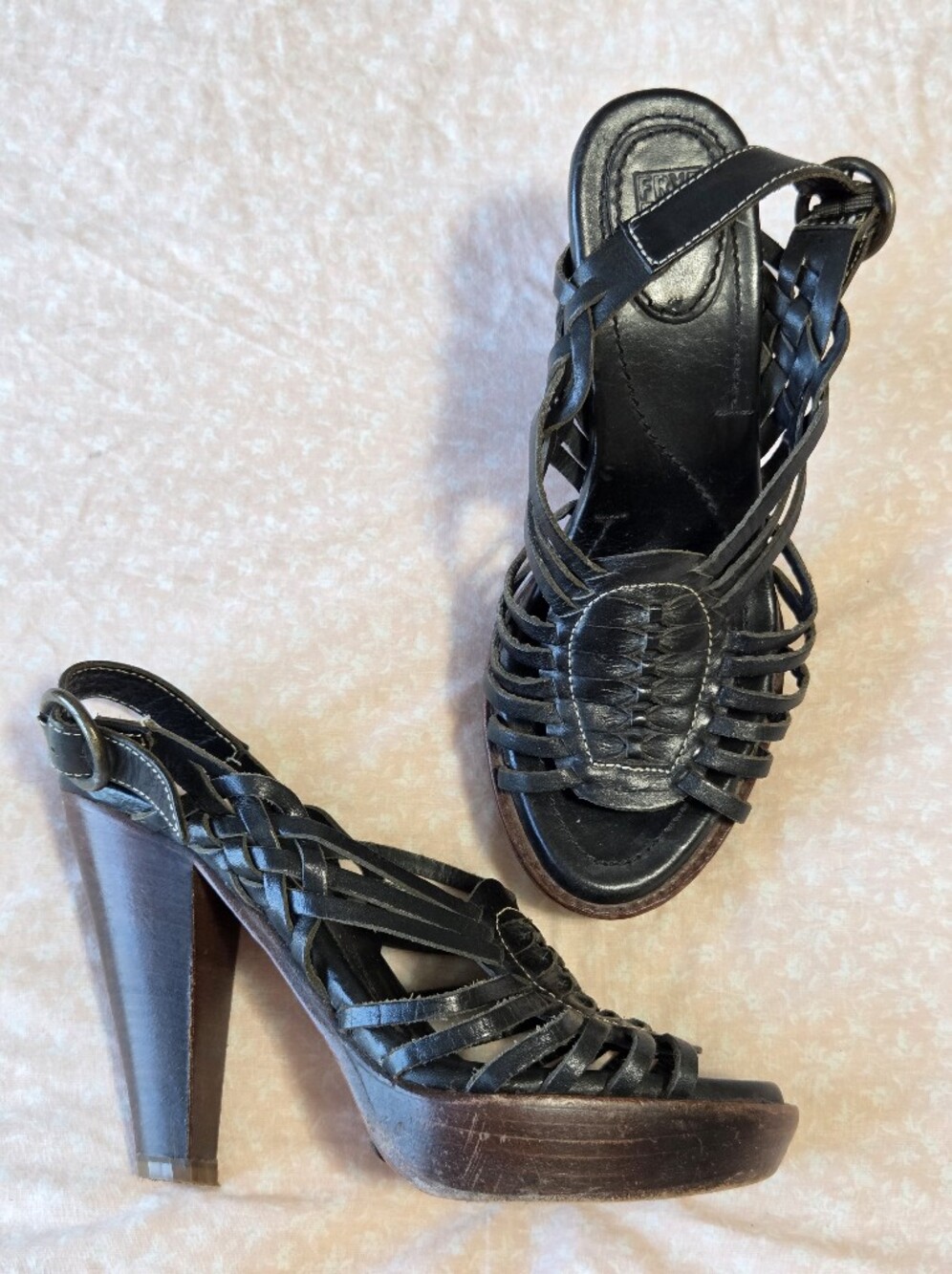 Frye Charlie Huarache Black Woven Leather Platform Block Heel Sandals Sz 6.5